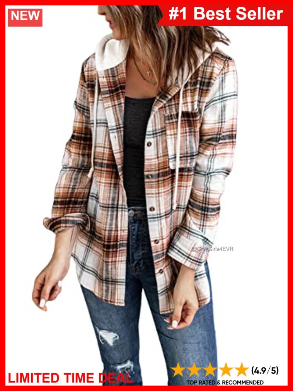 Womens Plaid Flannel Hoodie Shacket Button Down Shirt Loose Fit